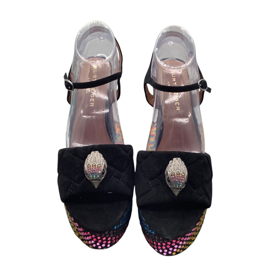 Kurt Geiger London Kensington Platform Sandals Black Suede Rainbow Rhinestone